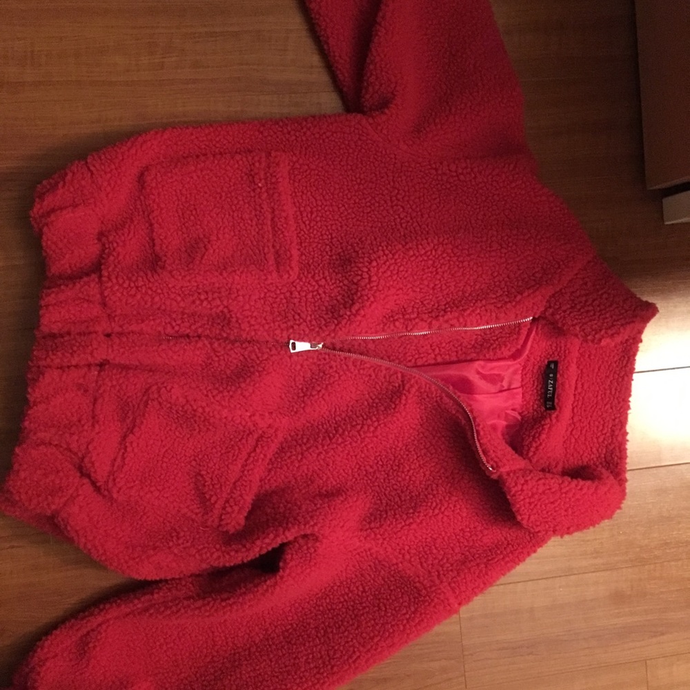 Red fluffy teddy jacket size small NWOT